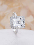 2.1ct Emerald Cut Diamond Halo Solitaire with Accents Ring 14k White Gold Finish