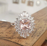 4ct Cushion Cut Morganite Engagement Ring Ballerina Halo 14k White Gold Finish