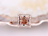 2ct Princess Cut Peach Morganite Engagement Ring Diamond Halo 14k Rose Gold Over