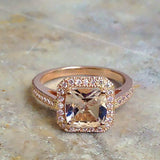 1.1ct Cushion Cut Peach Morganite Halo Women Solitaire Ring 14k Rose Gold Finish