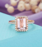 2ct Emerald Cut Peach Morganite Engagement Ring Halo Diamond 14k RoseGold Finish