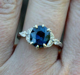 2ct Engagement Ring Oval Cut Blue Sapphire Leaf Accents 14k White Gold Finish