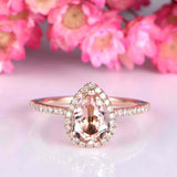 2.1ct Pear Cut Peach Morganite Diamond Halo Solitaire Ring 14k Rose Gold Finish