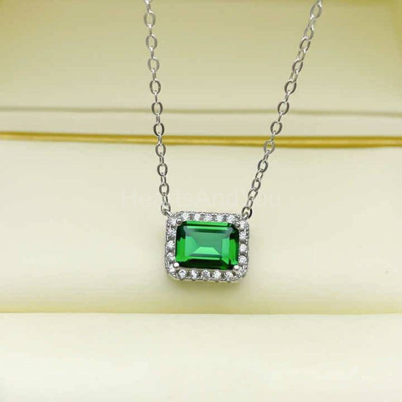 1ct Emerald Cut Simulated Green Emerald Halo Pendant Chain 14k White Gold Plated