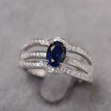 2.3ct Engagement Ring Oval Cut Blue Sapphire Split Shank 14k White Gold Finish
