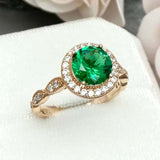 2.3ct Engagement Ring Round Cut Green Emerald Diamond Halo 14k Yellow Gold Over