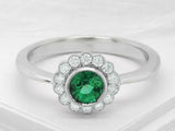 2.2ct Round Cut Green Emerald Milgrain Floral Halo Ring 14k White Gold Finish