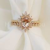2ct Oval Cut Simulated Peach Morganite Cluster Halo Ring 14k White Gold Plated