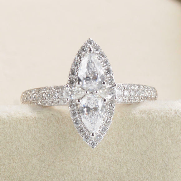 Halo Three Row Accent Engagement Ring 3ct Pear Cut Diamond 14k White Gold Finish