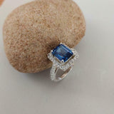 2.2ct Engagement Ring Emerald Cut London Blue Topaz Halo 14k White Gold Finish