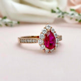 2.3ct Engagement Ring Pear Cut Pink Ruby Diamond Halo 14k Yellow Gold Finish