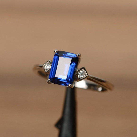 1.2ct Emerald Cut Blue Sapphire Solitaire Engagement Ring 14k White Gold Finish