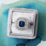 3.5ct Cushion Cut Blue Sapphire Engagement Ring Double Halo 14k WhiteGold Finish
