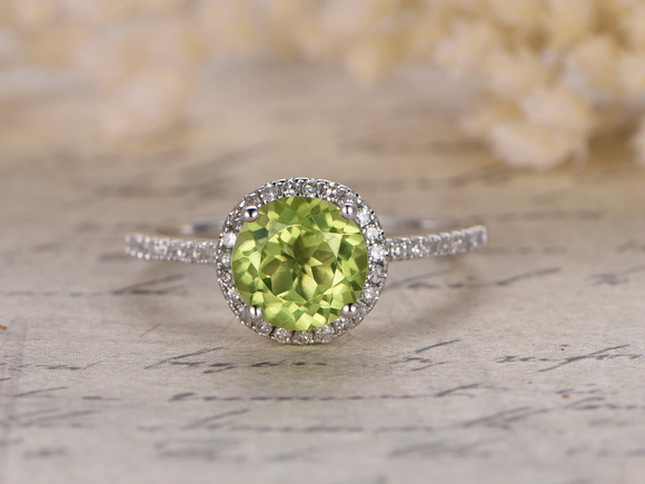 2.2ct Round Cut Green Peridot Engagement Ring Diamond Halo 14k White Gold Finish