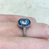 2.1ct Round Cut Simulated Aquamarine Art Deco Halo Ring 14k White Gold Plated