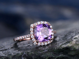 2.4ct Cushion Cut Purple Amethyst Engagement Ring Halo 14k Rose Gold Finish