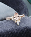 2ct Pear Cut Simulated Peach Morganite Curved Bridal Set 14k Rose Gold Plated