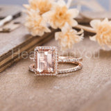 2ct Emerald Cut Simulated Peach Morganite Halo Bridal Set 14k Rose Gold Plated