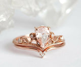 1.5ct Pear Cut Peach Morganite Crown Tiara Bridal Set Ring 14k Rose Gold Finish