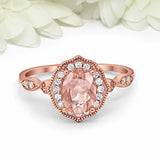 1.3ct Oval Cut Peach Morganite Engagement Ring Art Deco Halo 14k RoseGold Finish