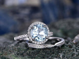 1.7Ct Round Cut Blue Aquamarine Bridal Set Engagement Ring 14K White Gold Finish