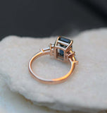 2.1ct Engagement Ring Emerald Cut London Blue Topaz Trilogy 14k Rose Gold Finish
