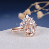 2.2ct Pear Cut Simulated Morganite Curved Halo Bridal Set 14k Rose Gold Plated