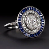 5Ct Oval Cut Diamond Sapphire Halo Art Deco Engagement Ring 18K White Gold Over