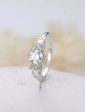 1.5ct Round Diamond Engagement Ring Hexagon Antique Inspired 14k White Gold Over