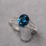 2.4ct Engagement Ring Oval Cut London Blue Topaz Split Shank 14k White Gold Over