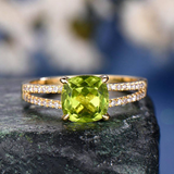 2ct Cushion Cut Green Peridot Engagement Ring Split Shank 14k Yellow Gold Finish