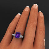 2.2ct Emerald Cut Purple Amethyst Trilogy Engagement Ring 14k White Gold Finish