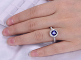 2.5ct Round Cut Blue Sapphire Milgrain Halo Solitaire Ring 14k White Gold Finish