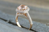 2.6ct Cushion Cut Peach Morganite Double Halo Engagement Ring 14k Rose Gold Over