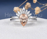 2ct Pear Cut Simulated Peach Morganite Crown Bridal Set 14k White Gold Plated