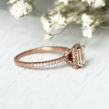 1Ct Emerald Cut DVVS1 Diamond High Set Halo Engagement Ring 14K Rose Gold Finish