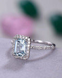 3Ct Emerald Cut Blue Aquamarine Halo Ring 14K White Gold Over with Round Accents