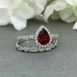 2.1ct Pear Cut Red Garnet Halo Bridal Set Engagement Ring 14k White Gold Finish