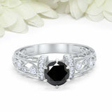 2ct Round Cut Black Diamond Filigree Vintage Inspired Ring 14k White Gold Finish