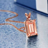 2ct Emerald Cut Simulated Morganite Solitaire Pendant Chain 14k Rose Gold Plated