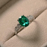 2ct Oval Cut Green Emerald Heart Shape Diamond Accents Ring 14k WhiteGold Finish