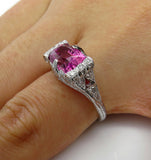 5Ct Cushion Pink Sapphire Antique Vintage Engagement Ring 14K White Gold Finish