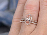 2ct Marquise Cut Morganite Bridal Set Halo Engagement Ring 14K Rose Gold Over