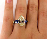 5Ct Pear Cut Yellow Blue Sapphire Trilogy Engagement Ring 14K Dual Gold Finish