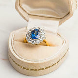 2.8ct Oval Blue Sapphire Engagement Ring Floral Halo Antique 14k Dual Gold Over