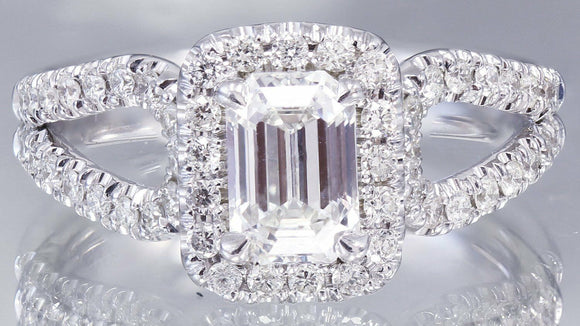 Halo Split Shank Engagement Ring 2ct Emerald Cut Diamond 14k White Gold Finish