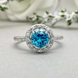 2.4ct Engagement Ring Round Cut Blue Topaz Diamond Halo 14k White Gold Finish