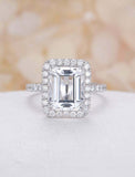 2.1ct Emerald Cut Diamond Halo Solitaire with Accents Ring 14k White Gold Finish