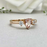 1ct Engagement Ring Pear Cut Peach Morganite Three Stone 14k Yellow Gold Finish