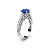 2ct Round Cut Blue Sapphire Engagement Ring 14k WhiteGold Finish Floral Filigree